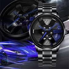 Men Quartz Watch for Waterproof Vacuum Plating Strap with Car Wheel Rim Hub Design Sport Automatic Wristwatch