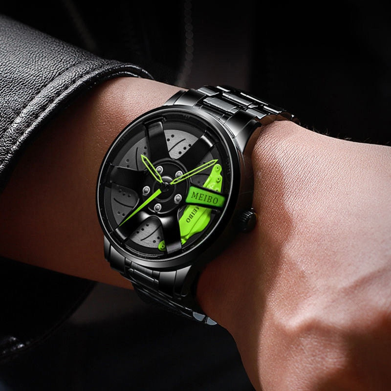 Men Quartz Watch for Waterproof Vacuum Plating Strap with Car Wheel Rim Hub Design Sport Automatic Wristwatch