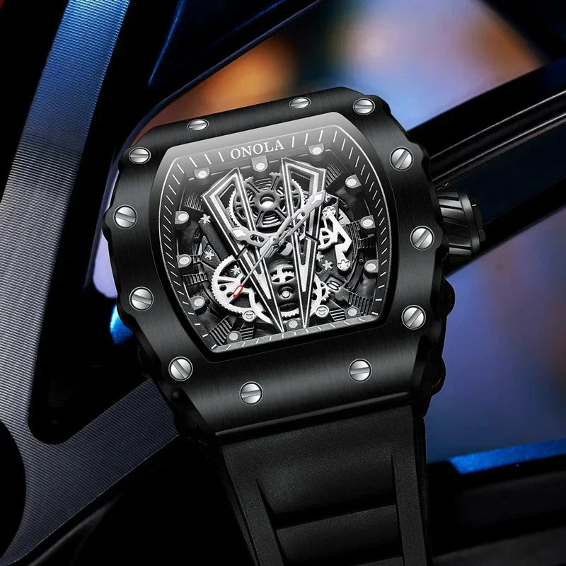 POEDGAR BELT -FULL BLACK SKELETON  WATCH