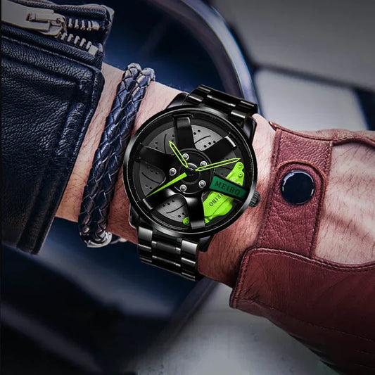 Men Quartz Watch for Waterproof Vacuum Plating Strap with Car Wheel Rim Hub Design Sport Automatic Wristwatch